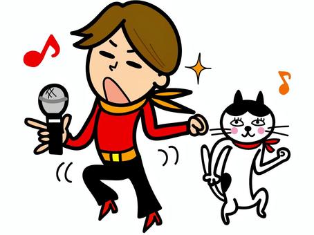 カラオケを歌っている男性と猫のイラスト