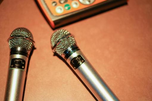 机の上のマイク2本を撮った写真